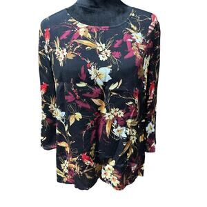 J.Jill Women’s Blouse Top Black Red Floral Bird Medium Bell Sleeve Dark Romantic